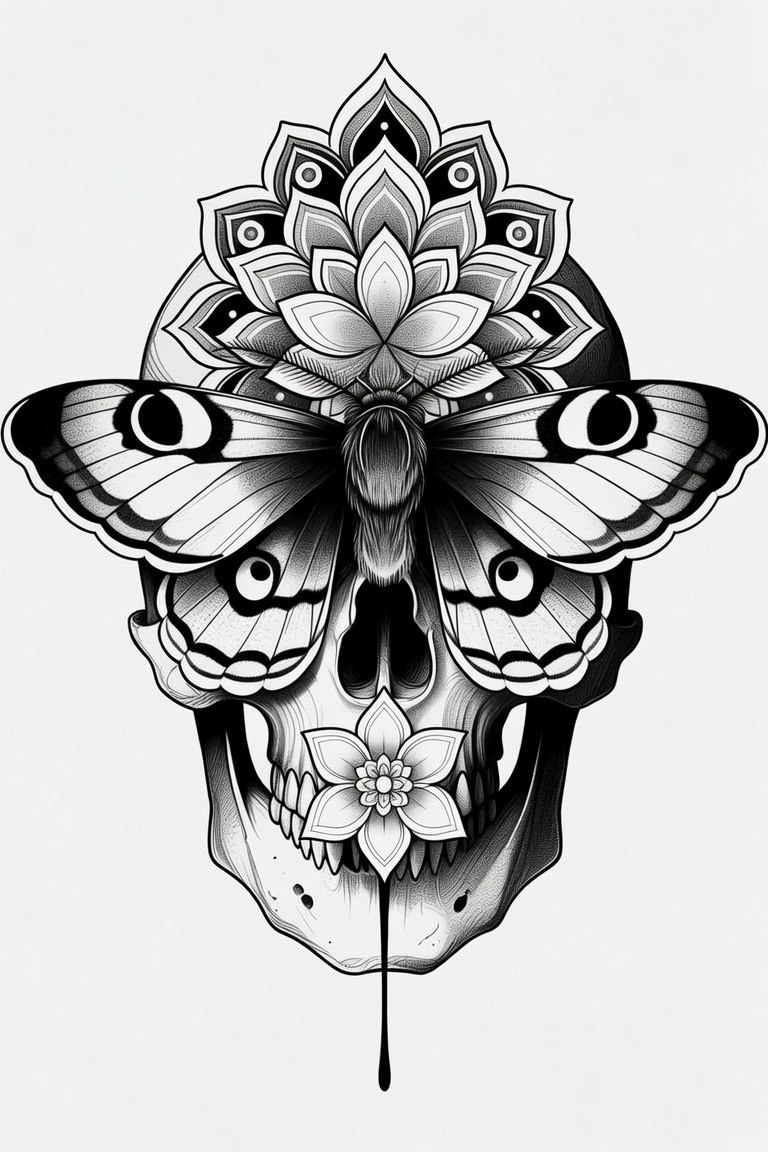 Skull with moth wings and mandala crown — black and grey sleeve design