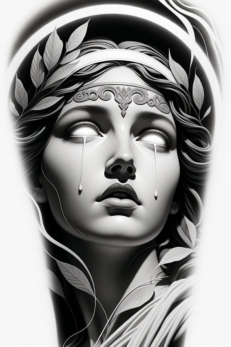 Weeping classical muse with laurel crown — black and grey sleeve design