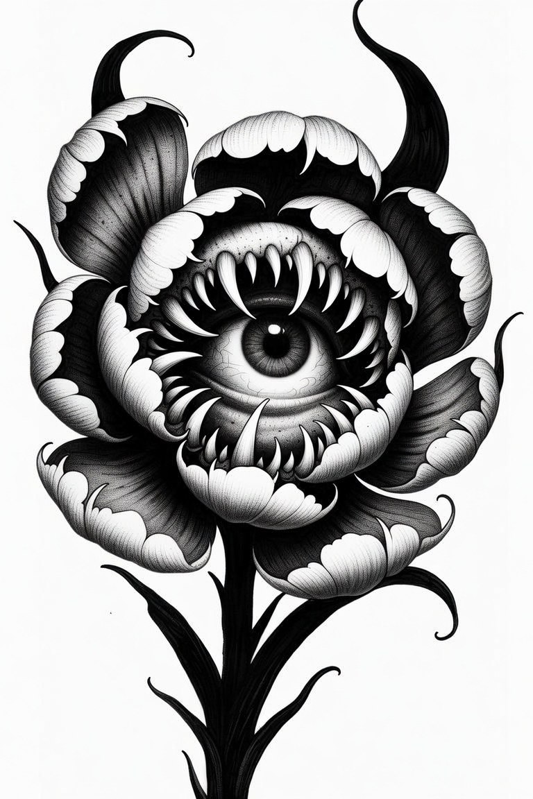 Predatory peony with central eye — black and grey sleeve design