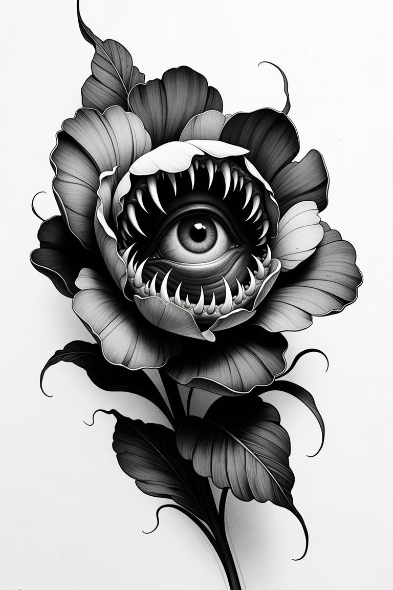 Fanged rose with central eye — black and grey sleeve design